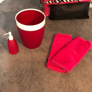 bath set! hand towels, soap dispenser, trash can